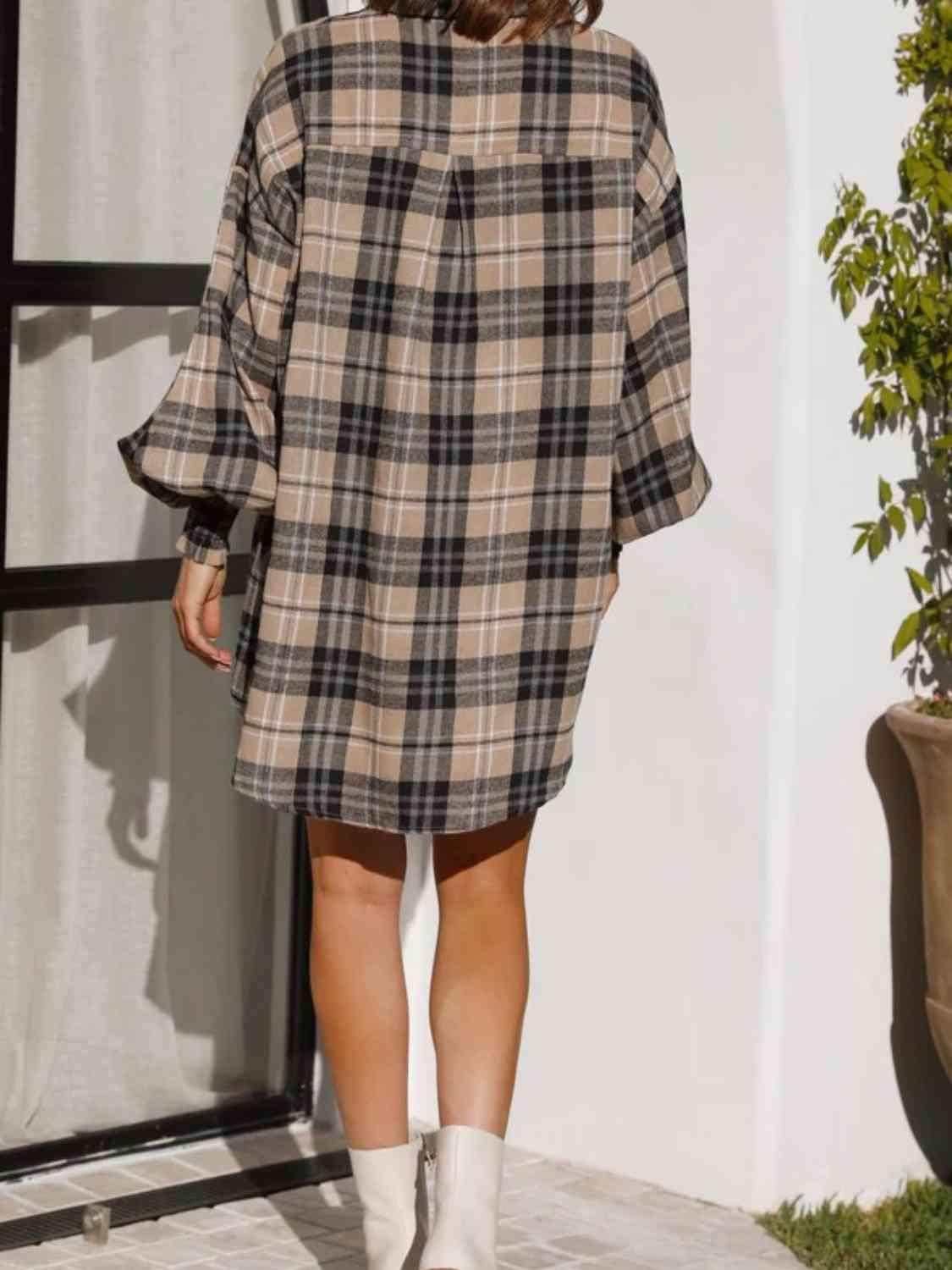 Get trendy with Plaid Lantern Sleeve Shirt - Shirt available at Styles Code. Grab yours today!