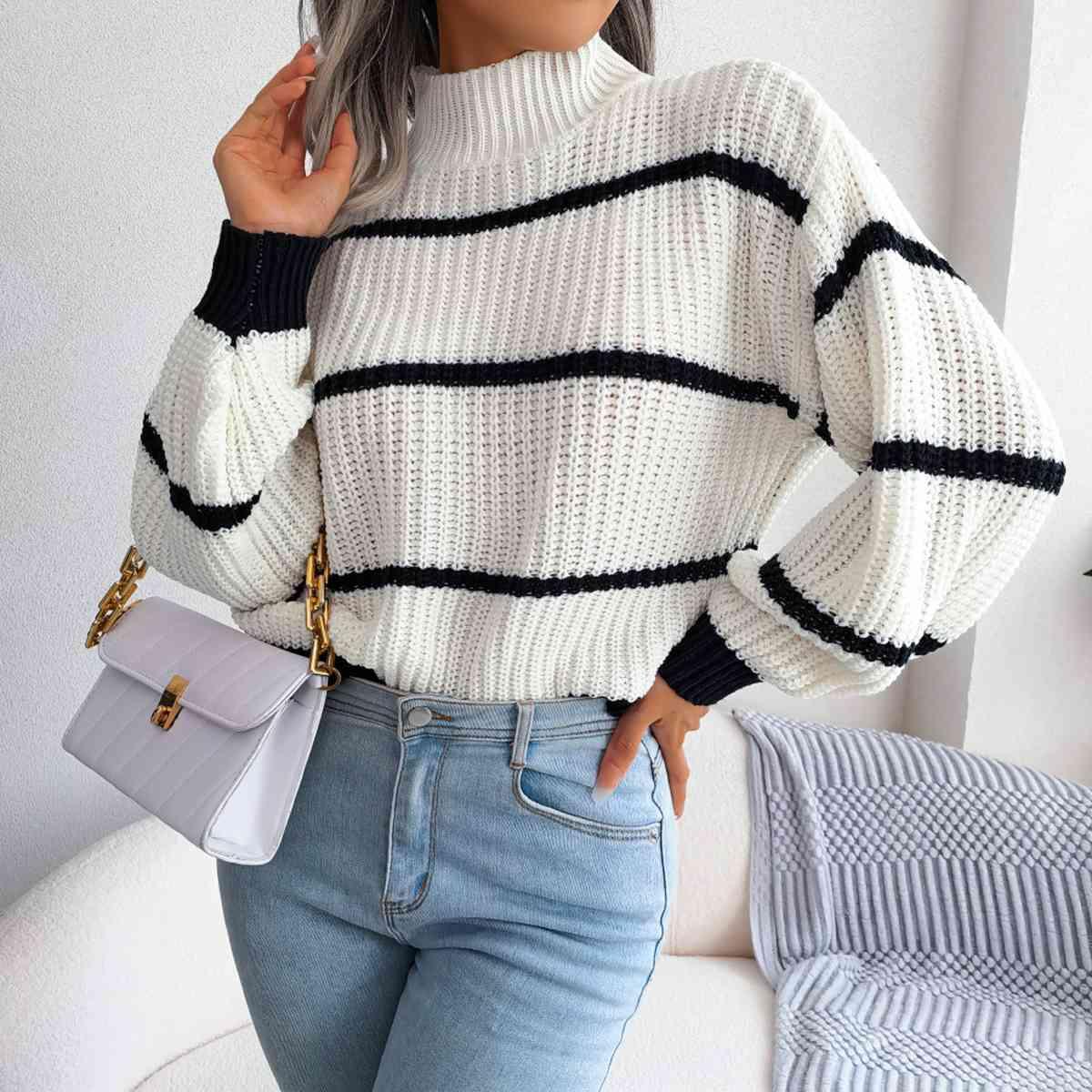 Get trendy with Striped Mock Neck Dropped Shoulder Sweater - Sweater available at Styles Code. Grab yours today!