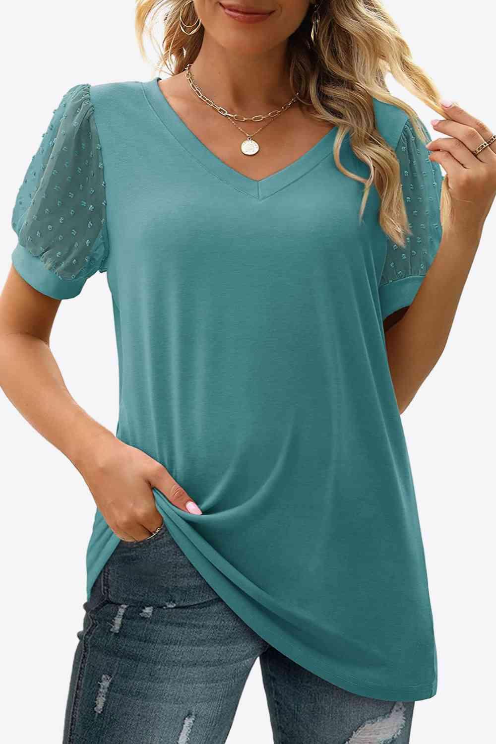 Get trendy with Swiss Dot Puff Sleeve V-Neck Tee - T-Shirt available at Styles Code. Grab yours today!