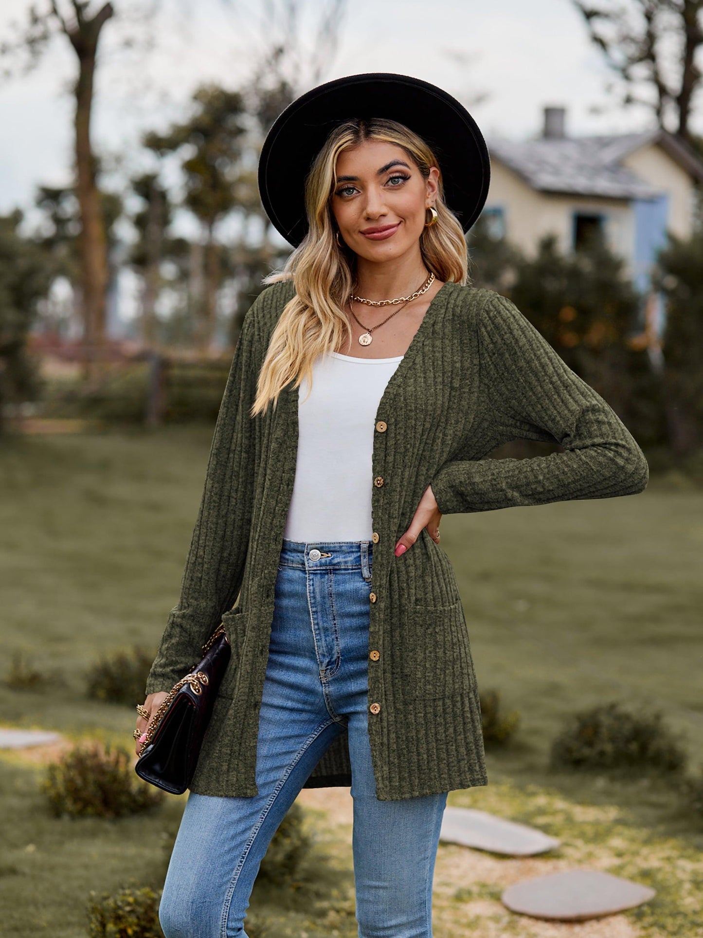 Get trendy with Ribbed Button-UP Cardigan with Pockets - Tops available at Styles Code. Grab yours today!
