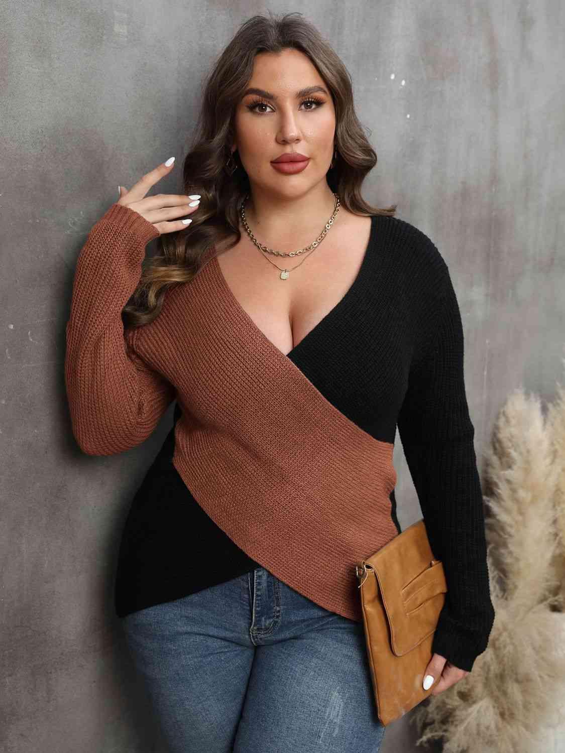 Get trendy with Plus Size Two-Tone Surplice Neck Sweater - Sweater available at Styles Code. Grab yours today!