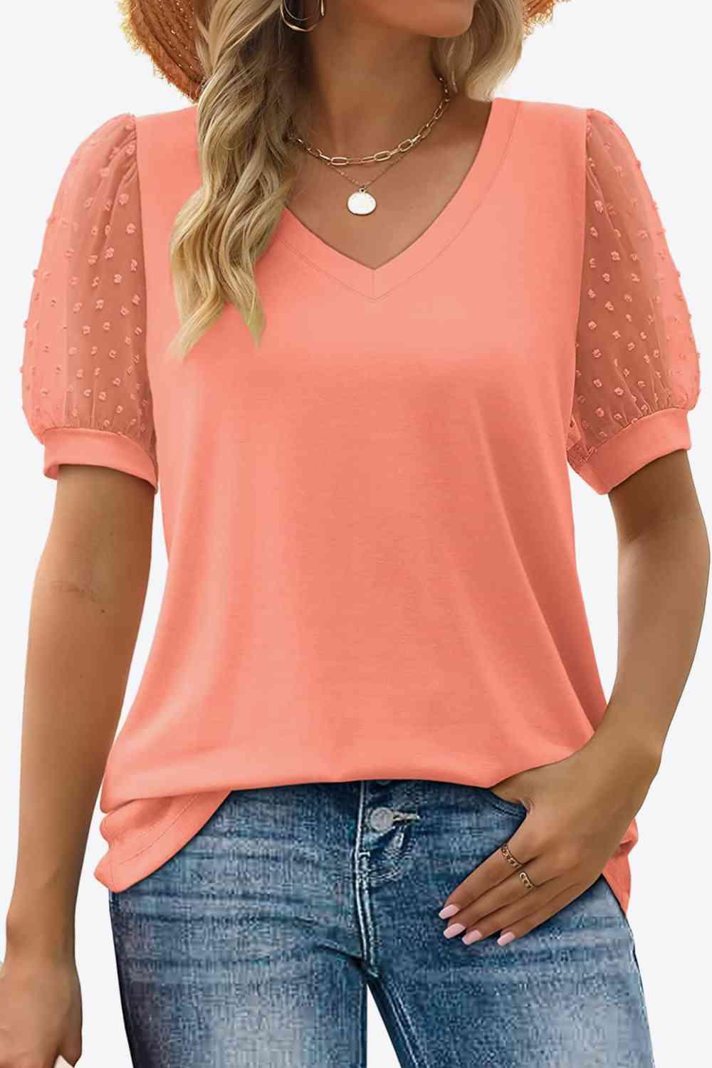 Get trendy with Swiss Dot Puff Sleeve V-Neck Tee - T-Shirt available at Styles Code. Grab yours today!