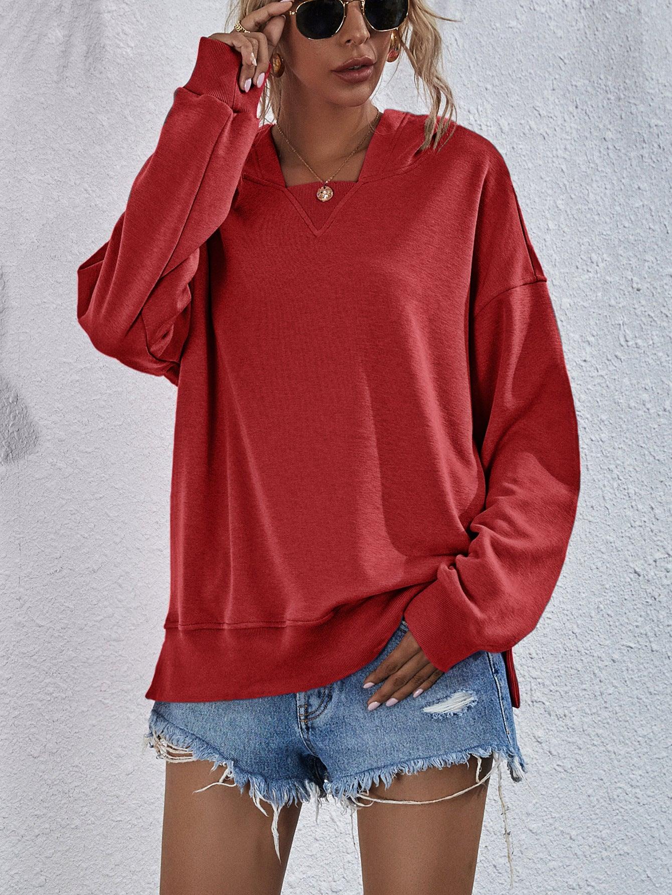 Get trendy with Dropped Shoulder Slit Hoodie - Tops available at Styles Code. Grab yours today!