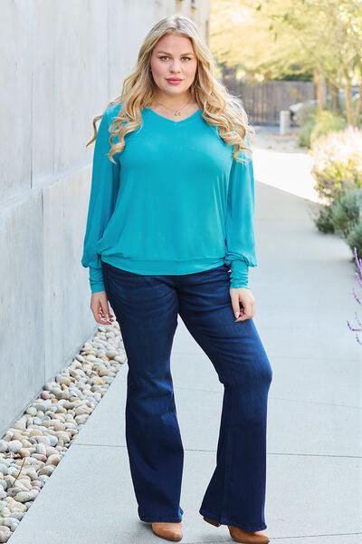 Get trendy with Full Size V-Neck Lantern Sleeve Blouse - Blouse available at Styles Code. Grab yours today!