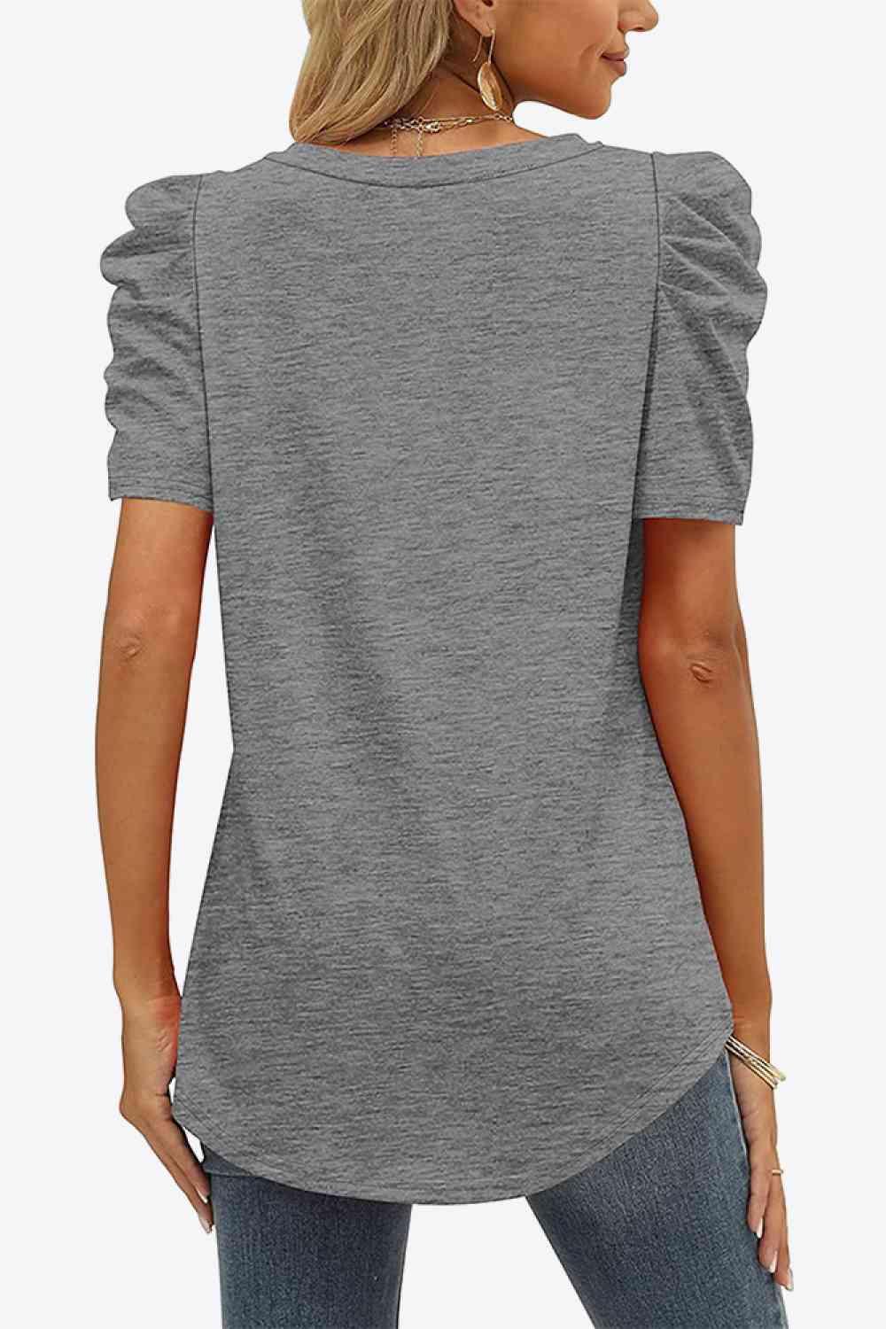Get trendy with V-Neck Puff Sleeve Tee - T-Shirt available at Styles Code. Grab yours today!