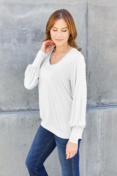 Get trendy with Full Size V-Neck Lantern Sleeve Blouse - Blouse available at Styles Code. Grab yours today!