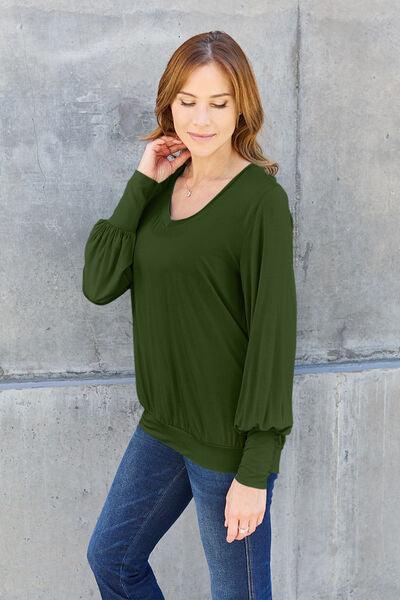 Get trendy with Full Size V-Neck Lantern Sleeve Blouse - Blouse available at Styles Code. Grab yours today!