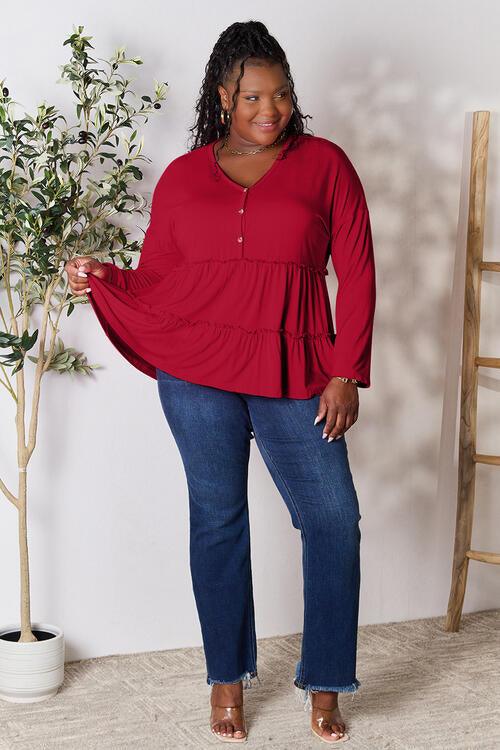 Get trendy with Half Button Ruffle Hem Blouse - Blouse available at Styles Code. Grab yours today!