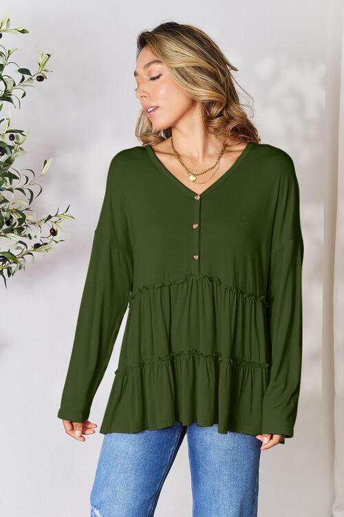 Get trendy with Half Button Ruffle Hem Blouse - Blouse available at Styles Code. Grab yours today!