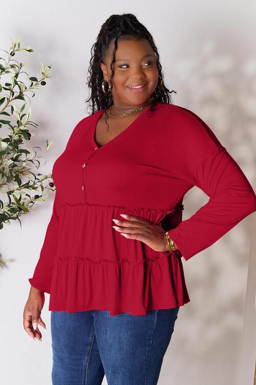 Get trendy with Half Button Ruffle Hem Blouse - Blouse available at Styles Code. Grab yours today!