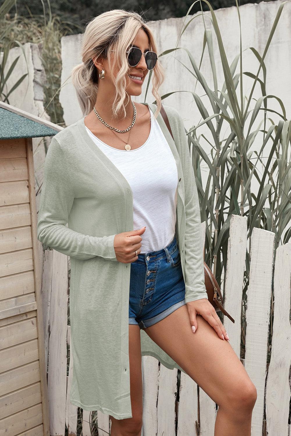 Get trendy with Button Down Long Sleeve Cardigan - Tops available at Styles Code. Grab yours today!