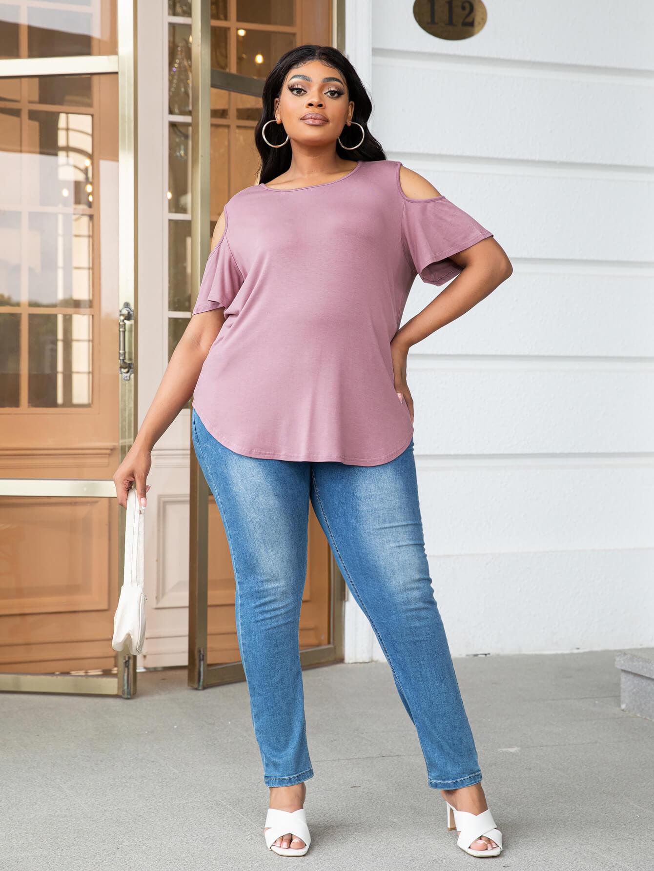 Get trendy with Plus Size Cold-Shoulder Round Neck Curved Hem Tee - Plus Size available at Styles Code. Grab yours today!