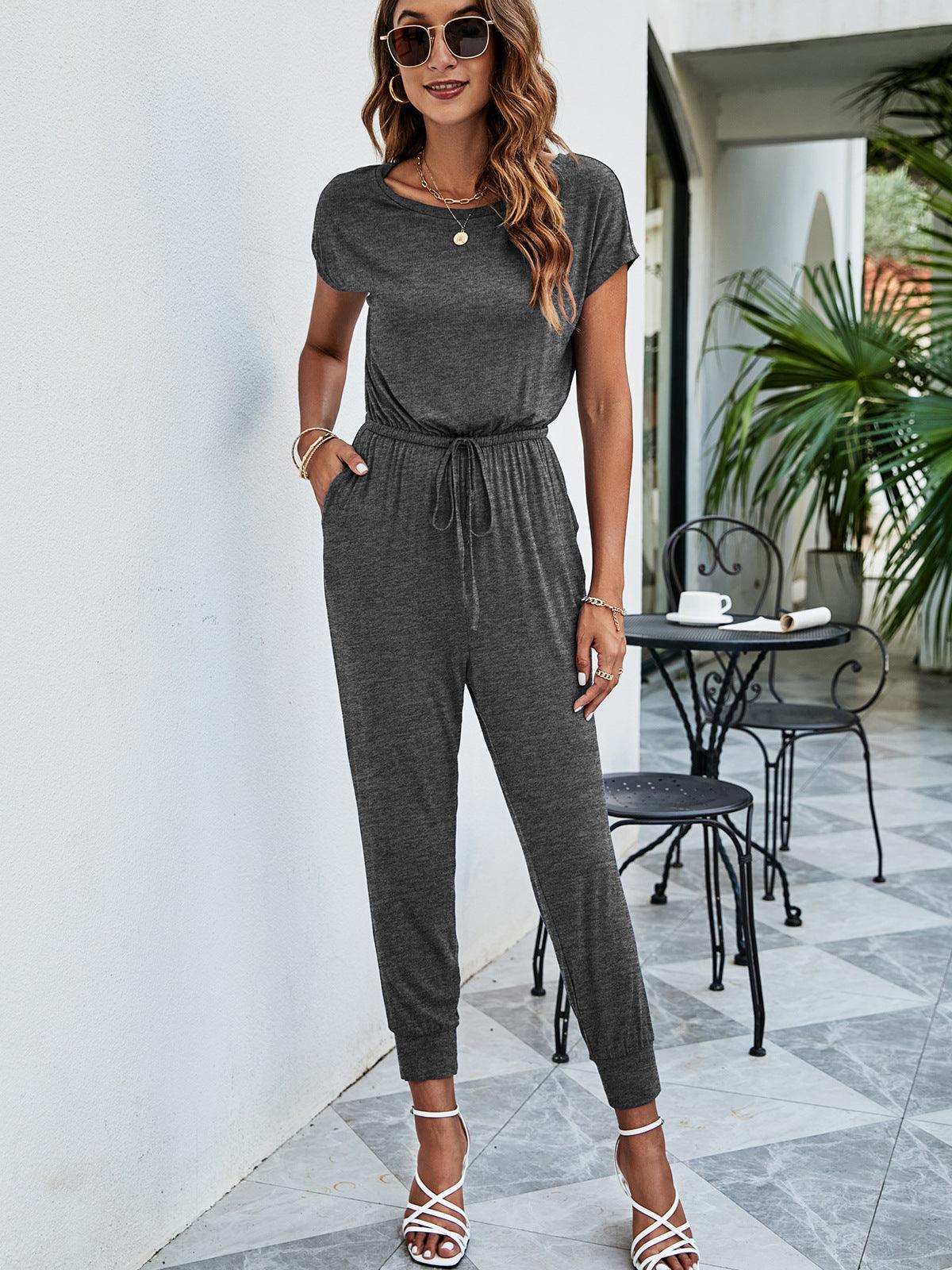 Get trendy with Drawstring Waist Short Sleeve Jogger Jumpsuit - Jumpsuits available at Styles Code. Grab yours today!