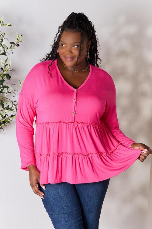 Get trendy with Half Button Ruffle Hem Blouse - Blouse available at Styles Code. Grab yours today!