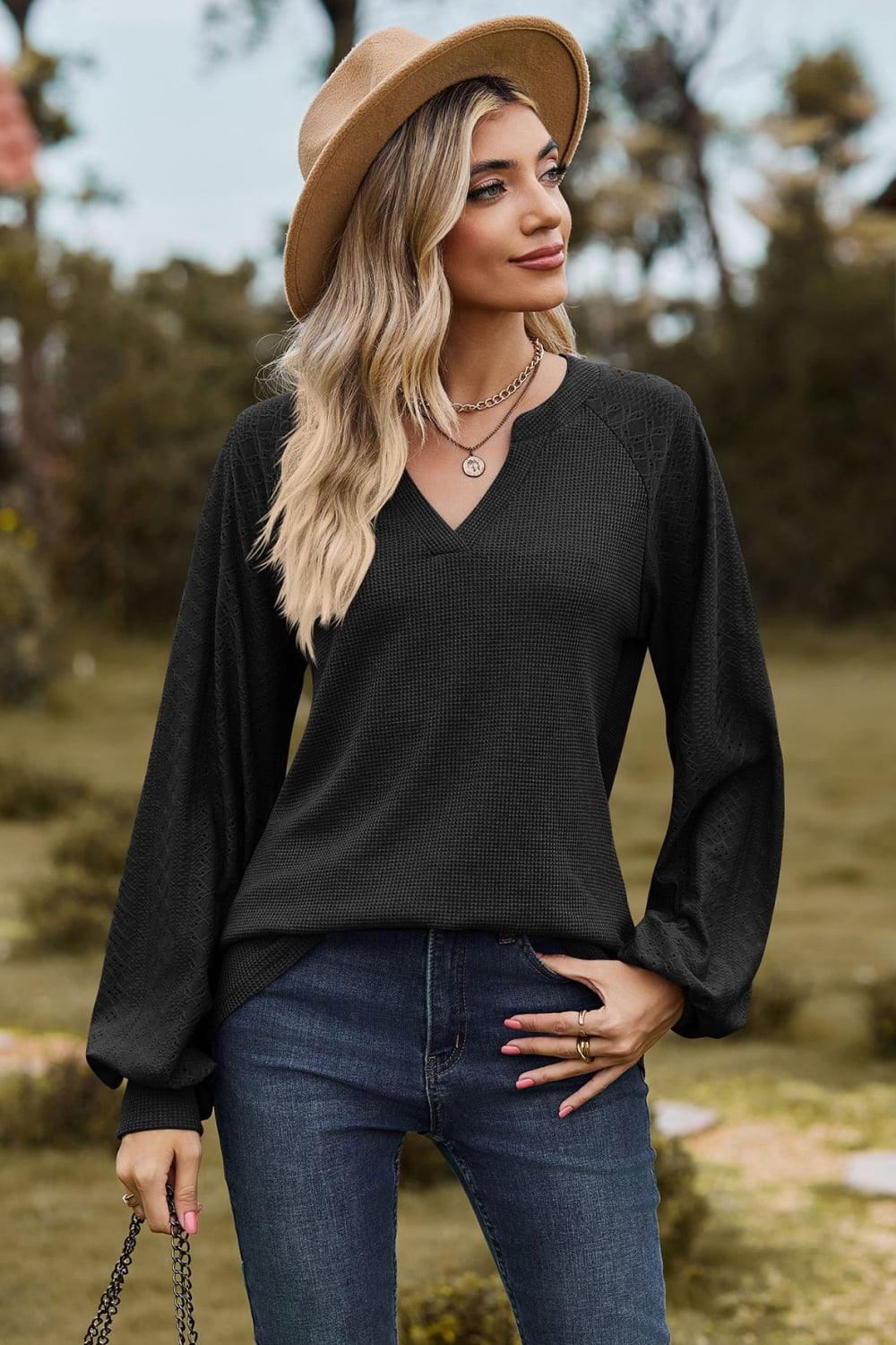 Get trendy with Notched Neck Raglan Sleeve Blouse - Tops available at Styles Code. Grab yours today!