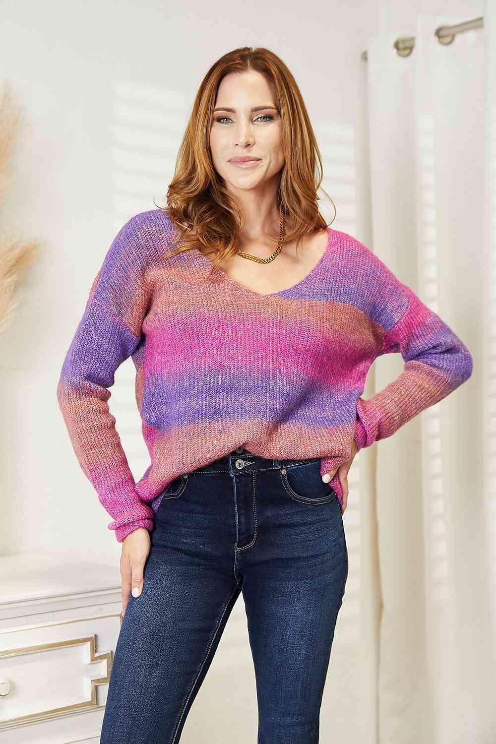 Get trendy with Multicolored Rib-Knit V-Neck Sweater - Sweater available at Styles Code. Grab yours today!