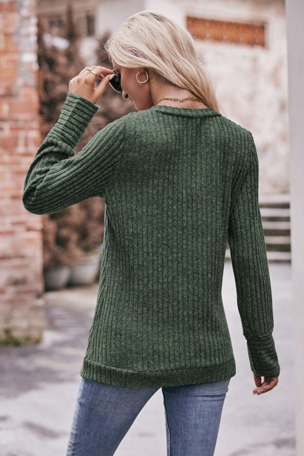 Get trendy with V-Neck Long Sleeve Ribbed Top - Tops available at Styles Code. Grab yours today!