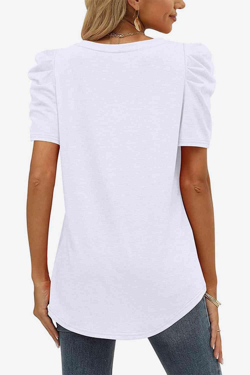 Get trendy with V-Neck Puff Sleeve Tee - T-Shirt available at Styles Code. Grab yours today!