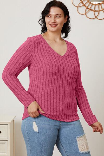 Get trendy with Basic Bae Full Size Ribbed V-Neck Long Sleeve T-Shirt - available at Styles Code. Grab yours today!