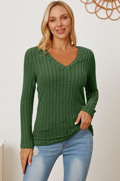 Get trendy with Basic Bae Full Size Ribbed V-Neck Long Sleeve T-Shirt - available at Styles Code. Grab yours today!