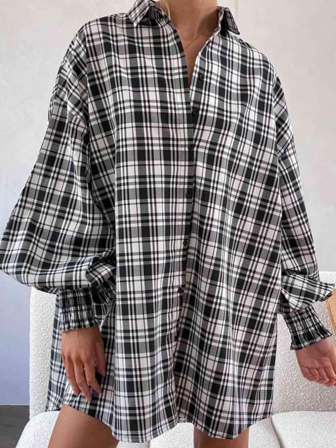 Get trendy with Plaid Lantern Sleeve Shirt - Shirt available at Styles Code. Grab yours today!