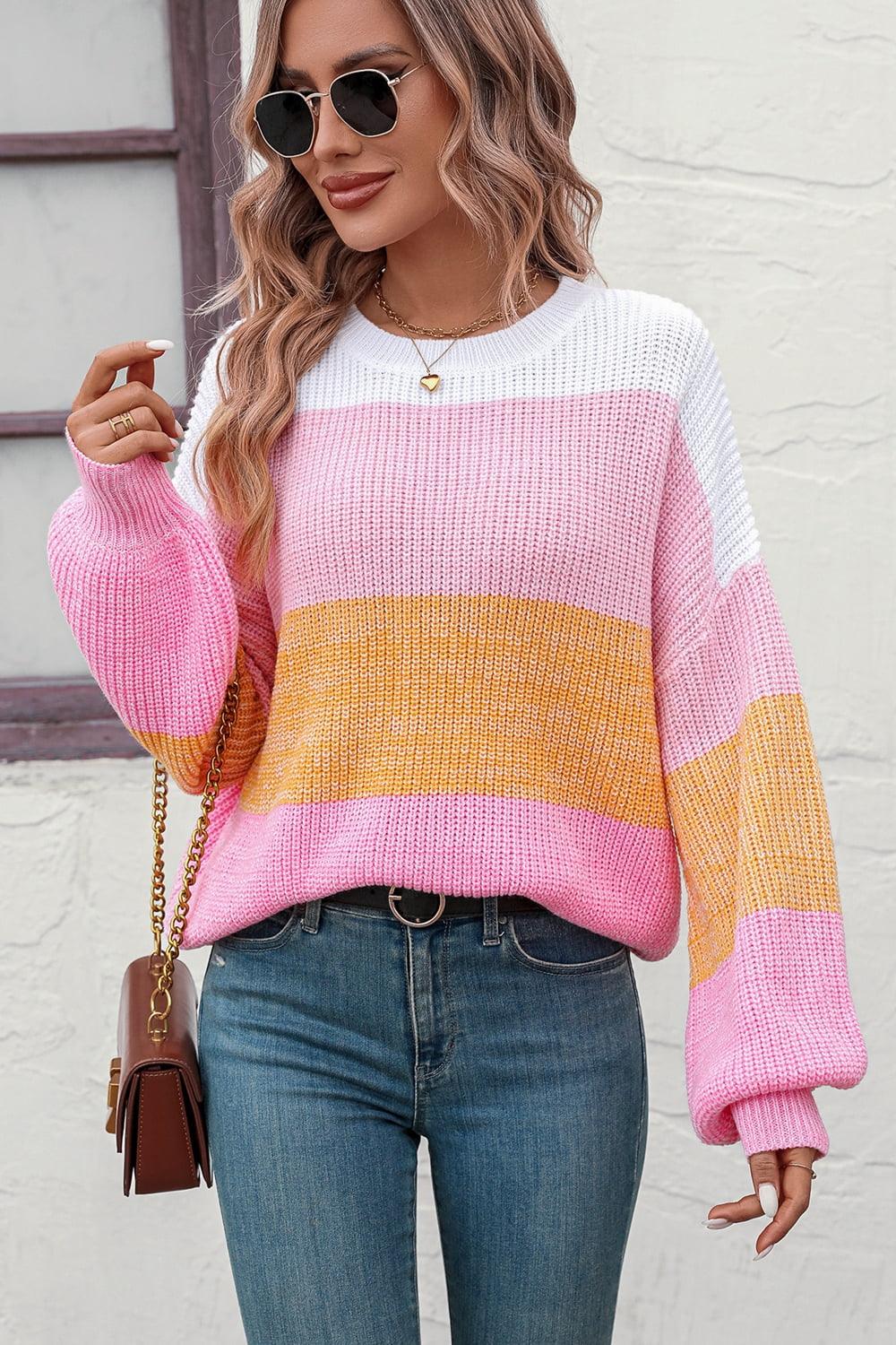 Get trendy with Round Neck Color Block Ribbed Pullover Sweater - Tops available at Styles Code. Grab yours today!