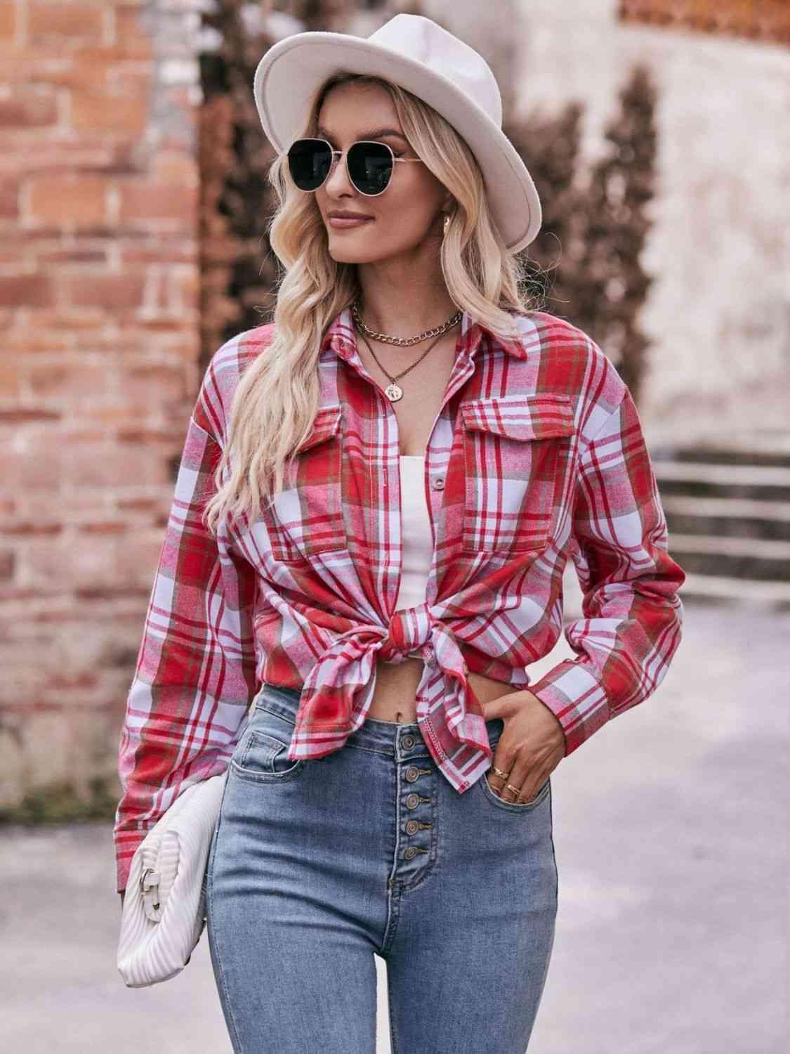 Get trendy with Plaid Dropped Shoulder Longline Shirt - Shirt available at Styles Code. Grab yours today!