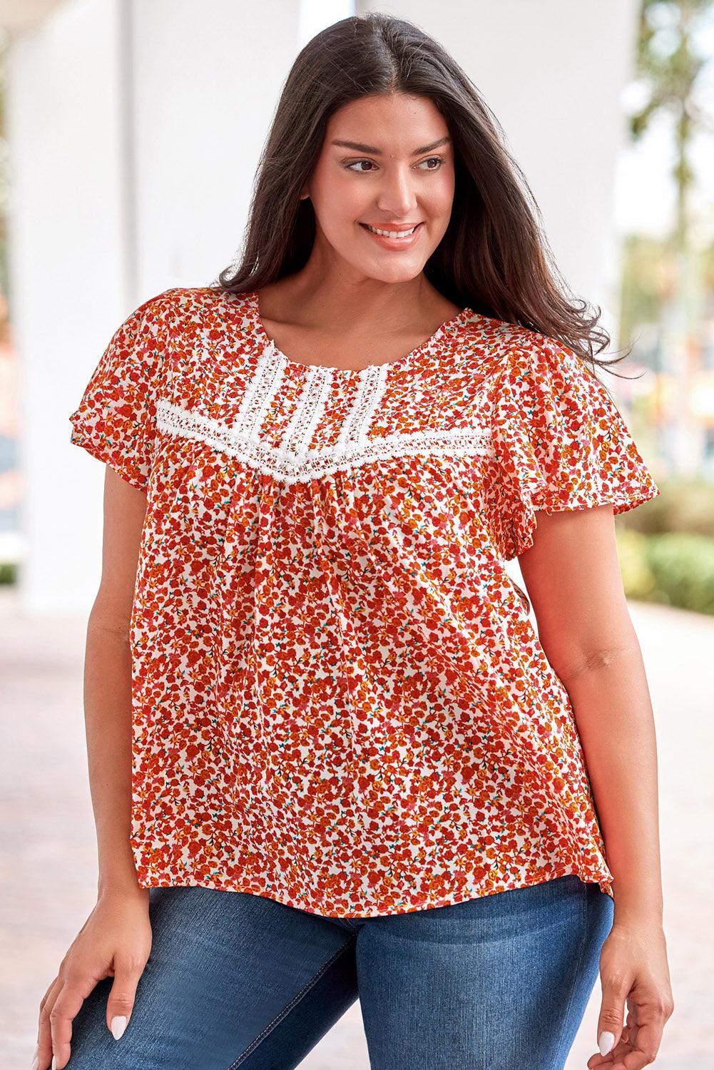 Get trendy with Plus Size Floral Lace Trim Round Neck Blouse - Plus Size available at Styles Code. Grab yours today!