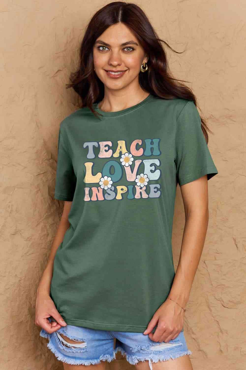 Get trendy with Full Size TEACH LOVE INSPIRE Graphic Cotton T-Shirt - T-Shirt available at Styles Code. Grab yours today!