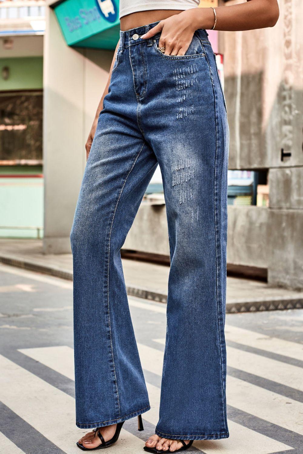 Get trendy with Buttoned Loose Fit Jeans with Pockets - Jeans available at Styles Code. Grab yours today!
