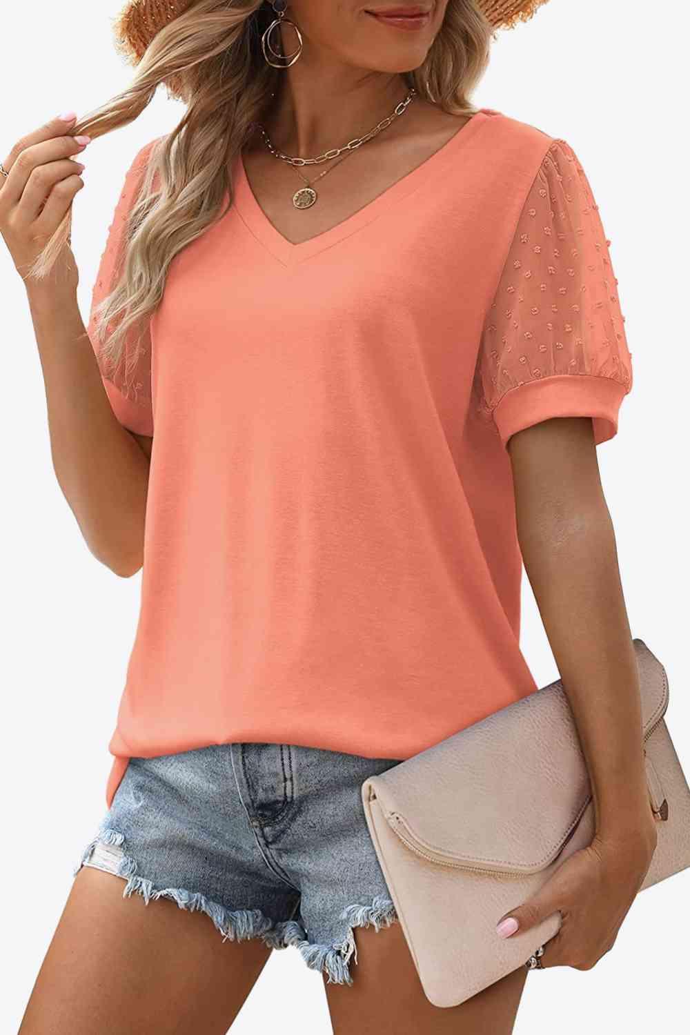 Get trendy with Swiss Dot Puff Sleeve V-Neck Tee - T-Shirt available at Styles Code. Grab yours today!