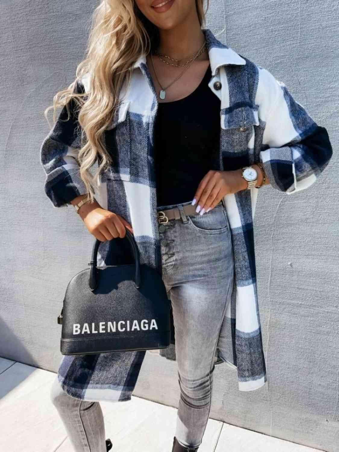 Get trendy with Plaid Collared Neck Longline Shirt - Shirt available at Styles Code. Grab yours today!