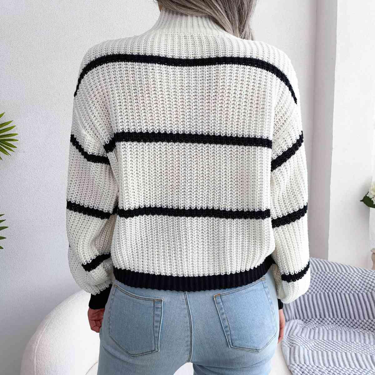 Get trendy with Striped Mock Neck Dropped Shoulder Sweater - Sweater available at Styles Code. Grab yours today!