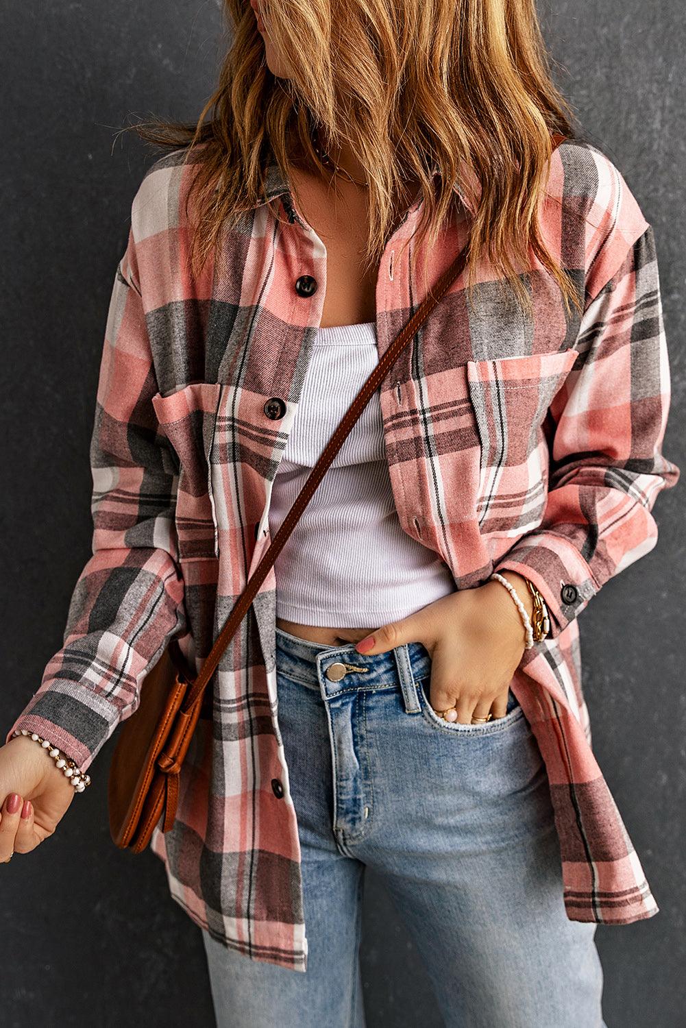 Get trendy with Plaid Dropped Shoulder Longline Shirt - Tops available at Styles Code. Grab yours today!