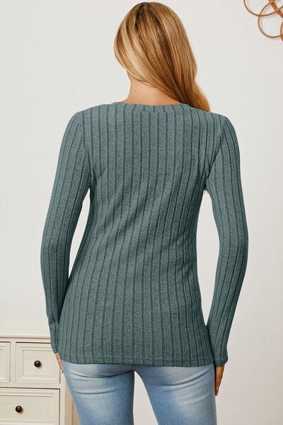 Get trendy with Full Size Ribbed V-Neck Long Sleeve T-Shirt - available at Styles Code. Grab yours today!