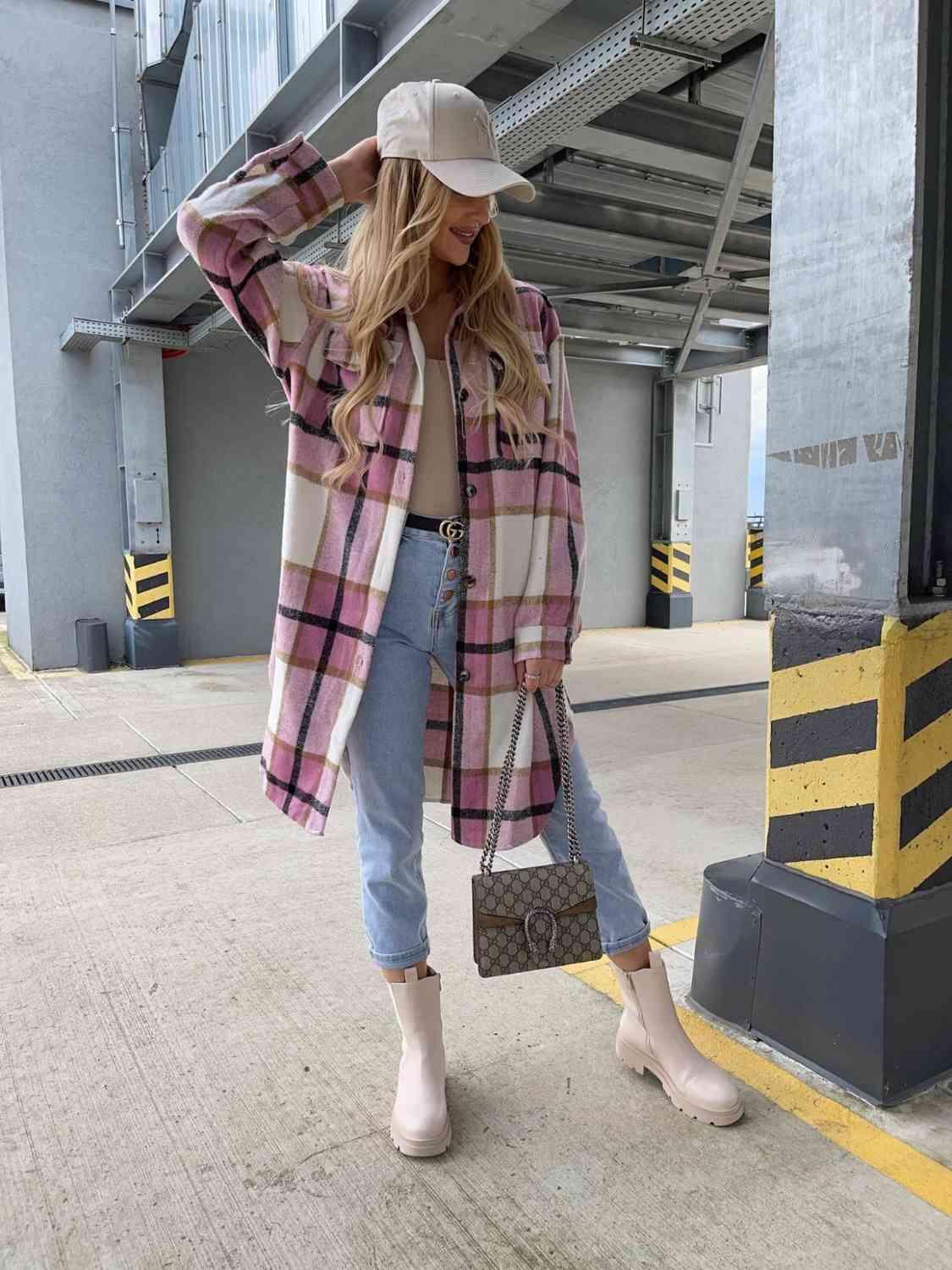 Get trendy with Plaid Collared Neck Longline Shirt - Shirt available at Styles Code. Grab yours today!