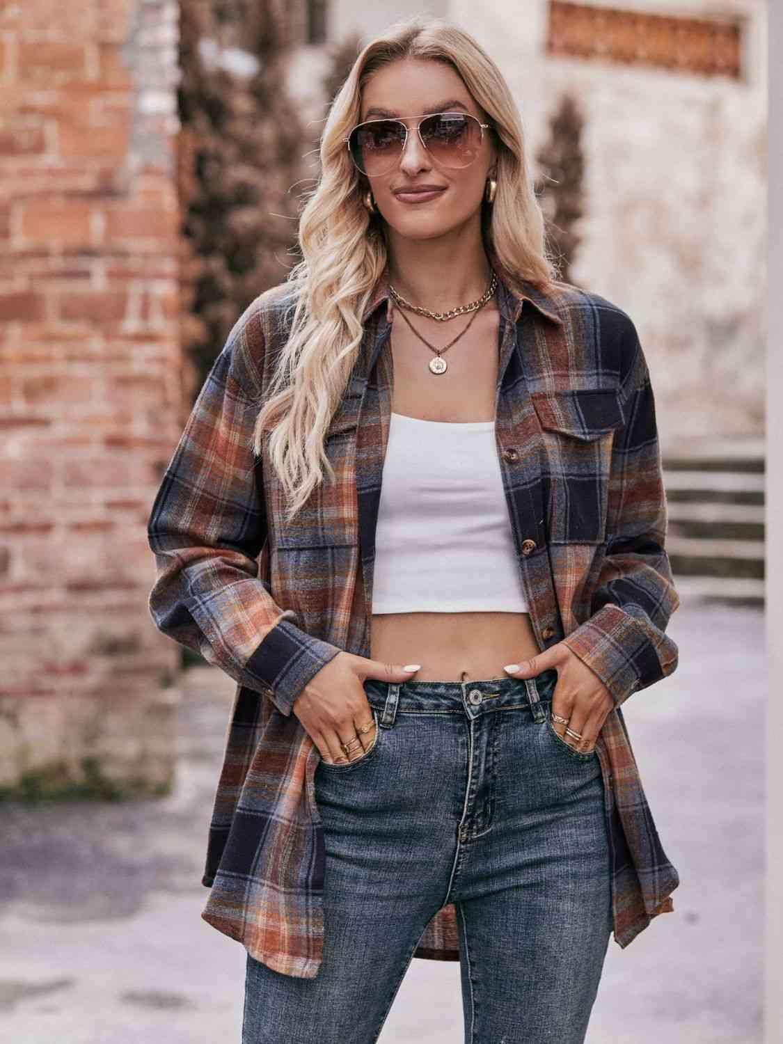 Get trendy with Plaid Dropped Shoulder Longline Shirt - Shirt available at Styles Code. Grab yours today!