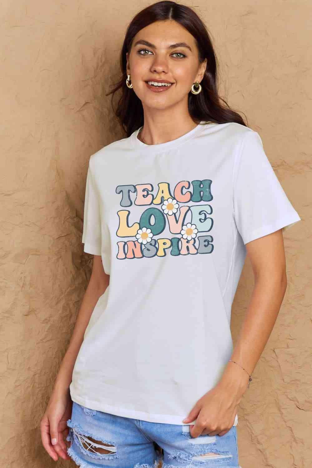 Get trendy with Full Size TEACH LOVE INSPIRE Graphic Cotton T-Shirt - T-Shirt available at Styles Code. Grab yours today!