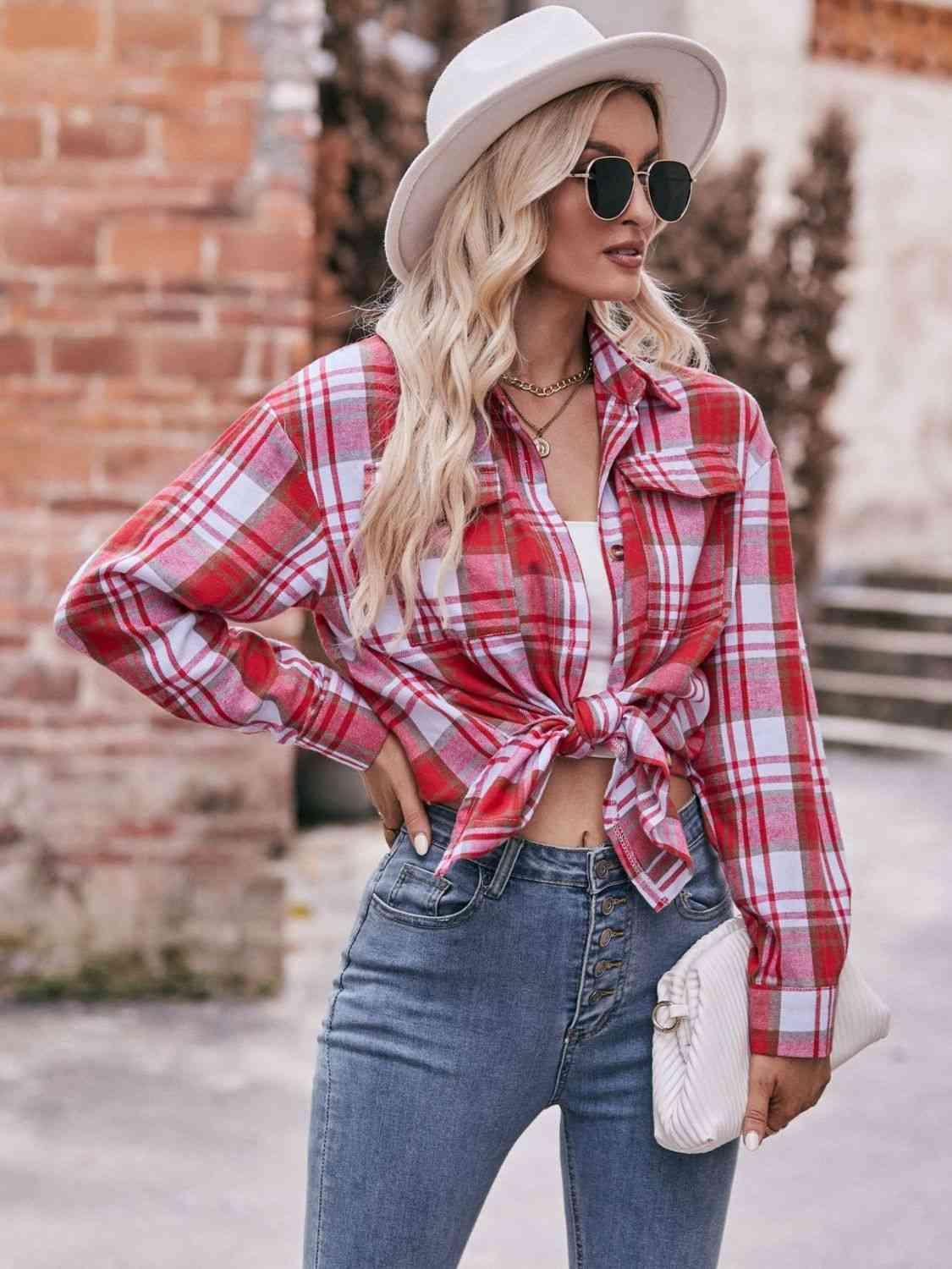 Get trendy with Plaid Dropped Shoulder Longline Shirt - Shirt available at Styles Code. Grab yours today!