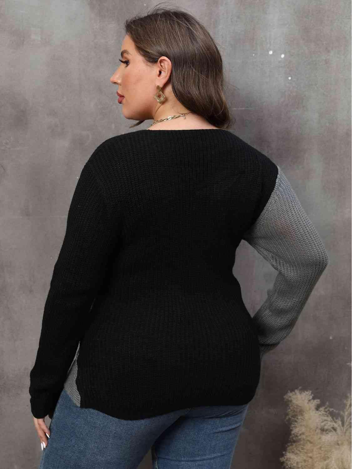 Get trendy with Plus Size Two-Tone Surplice Neck Sweater - Sweater available at Styles Code. Grab yours today!