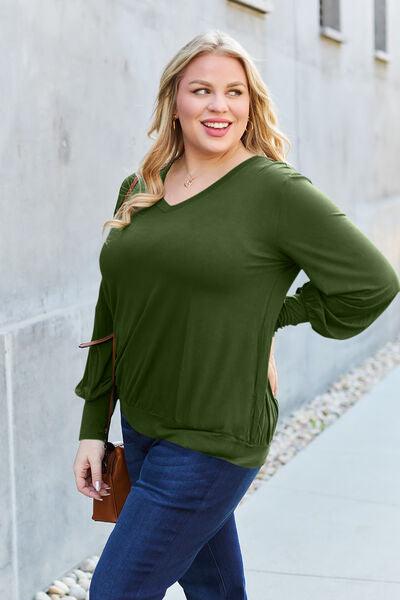 Get trendy with Full Size V-Neck Lantern Sleeve Blouse - Blouse available at Styles Code. Grab yours today!
