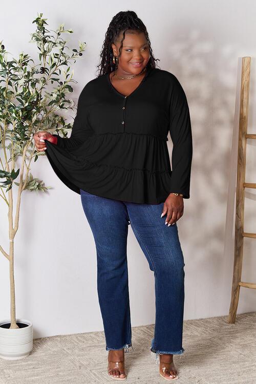 Get trendy with Half Button Ruffle Hem Blouse - Blouse available at Styles Code. Grab yours today!