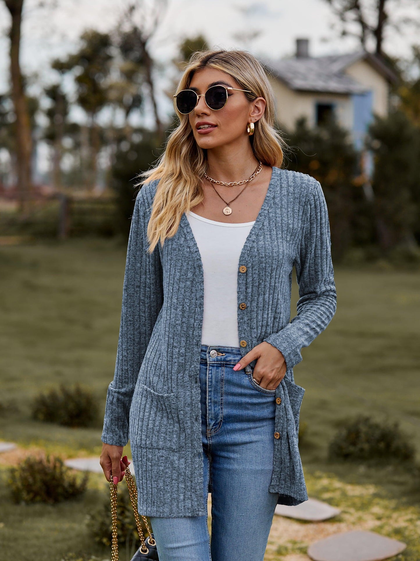 Get trendy with Ribbed Button-UP Cardigan with Pockets - Tops available at Styles Code. Grab yours today!