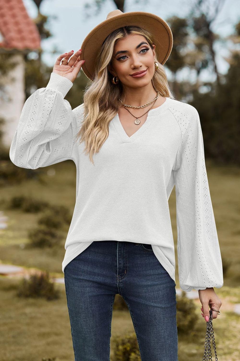Get trendy with Notched Neck Raglan Sleeve Blouse - Tops available at Styles Code. Grab yours today!