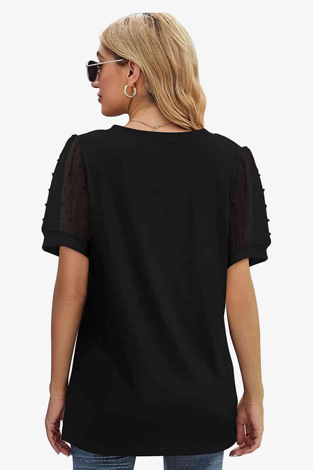 Get trendy with Swiss Dot Puff Sleeve V-Neck Tee - T-Shirt available at Styles Code. Grab yours today!