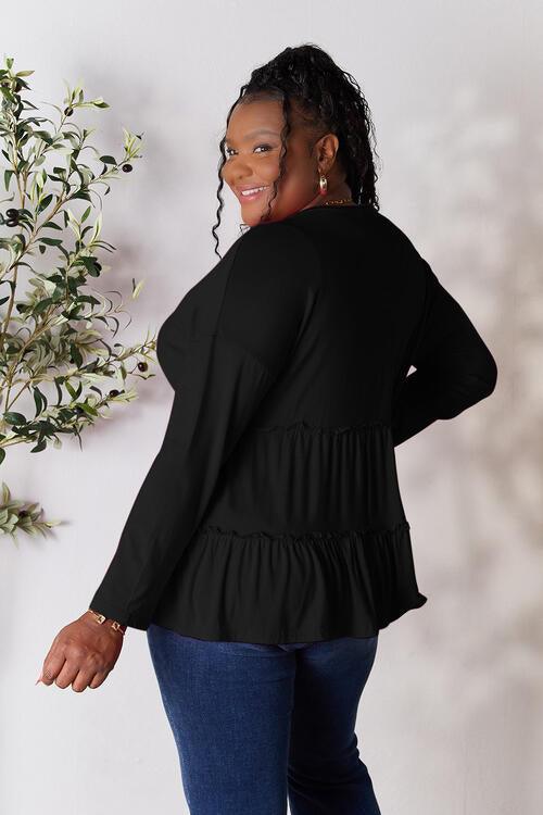 Get trendy with Half Button Ruffle Hem Blouse - Blouse available at Styles Code. Grab yours today!