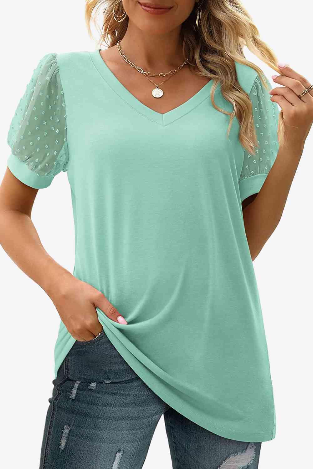 Get trendy with Swiss Dot Puff Sleeve V-Neck Tee - T-Shirt available at Styles Code. Grab yours today!