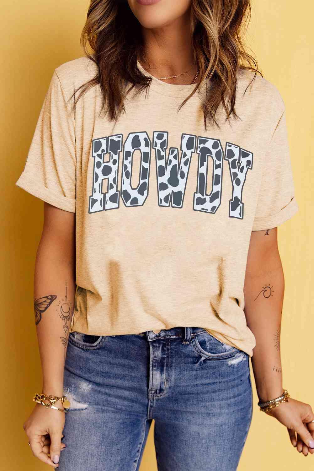Get trendy with Round Neck Short Sleeve HOWDY Graphic Tee - T-Shirt available at Styles Code. Grab yours today!