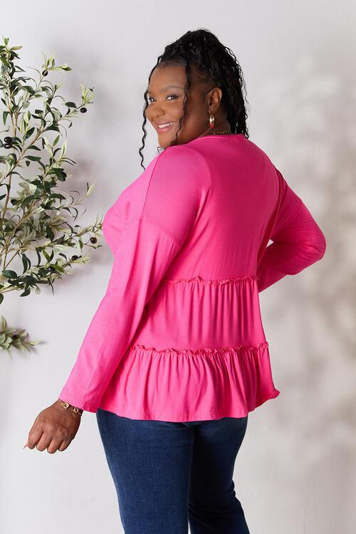 Get trendy with Half Button Ruffle Hem Blouse - Blouse available at Styles Code. Grab yours today!