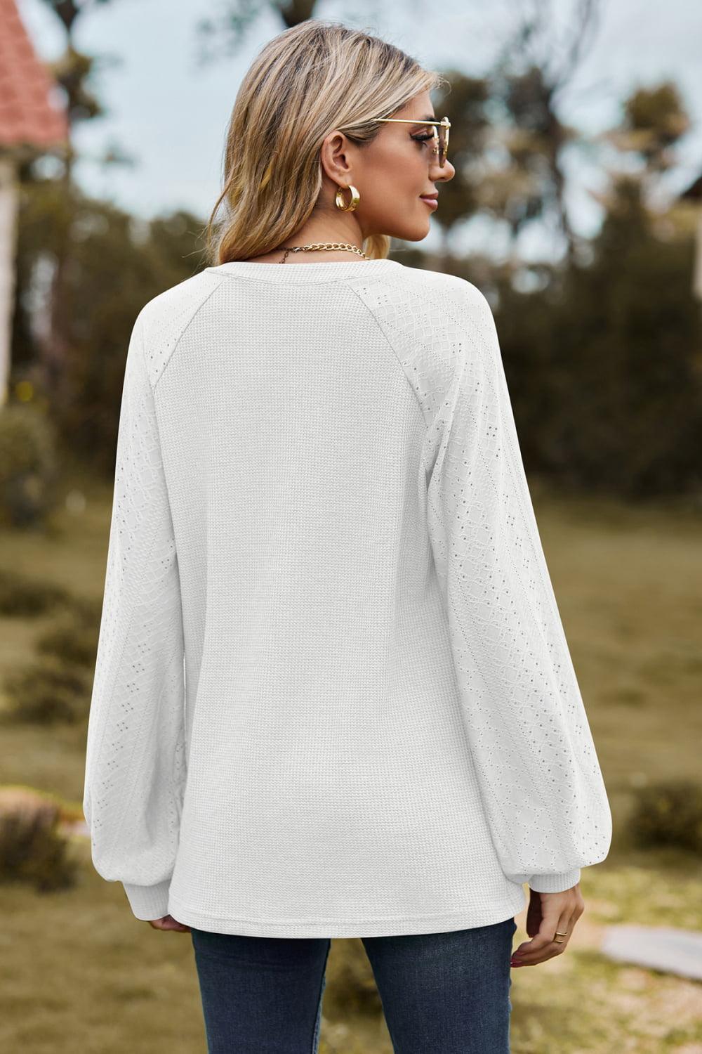 Get trendy with Notched Neck Raglan Sleeve Blouse - Tops available at Styles Code. Grab yours today!